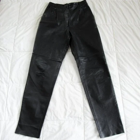 VINTAGE 90s Chic Black Leather Pants Classic Straight Leg Genuine